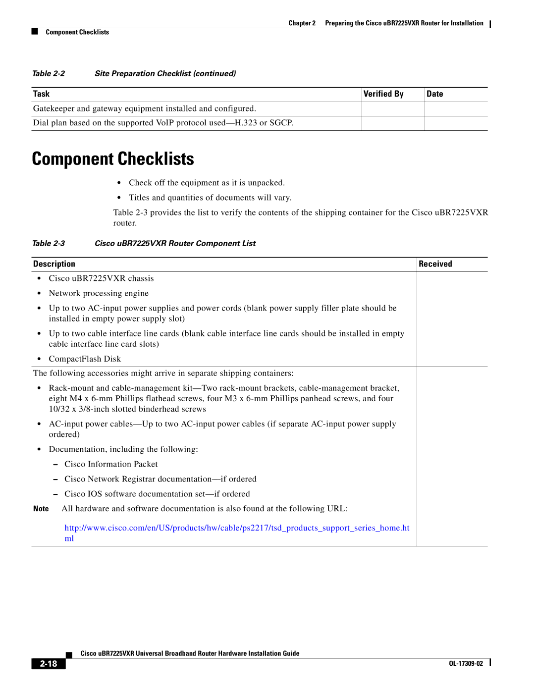 Cisco Systems UBR7225VXR specifications Component Checklists, Task Verified By Date 