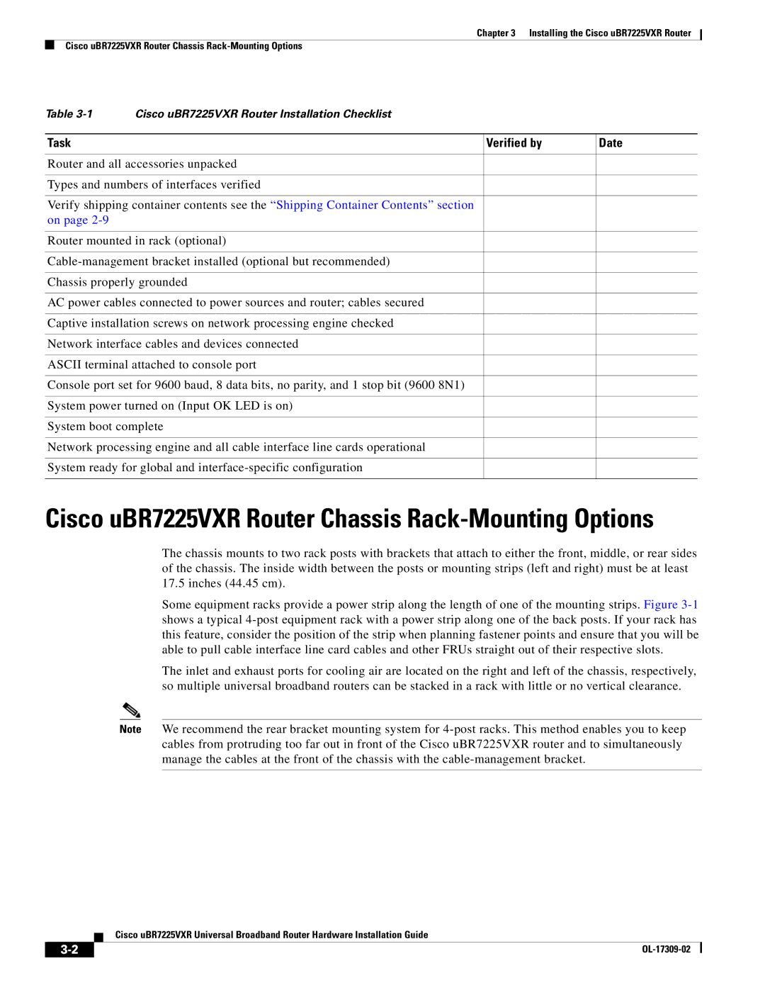 Cisco Systems UBR7225VXR specifications Cisco uBR7225VXR Router Chassis Rack-Mounting Options 