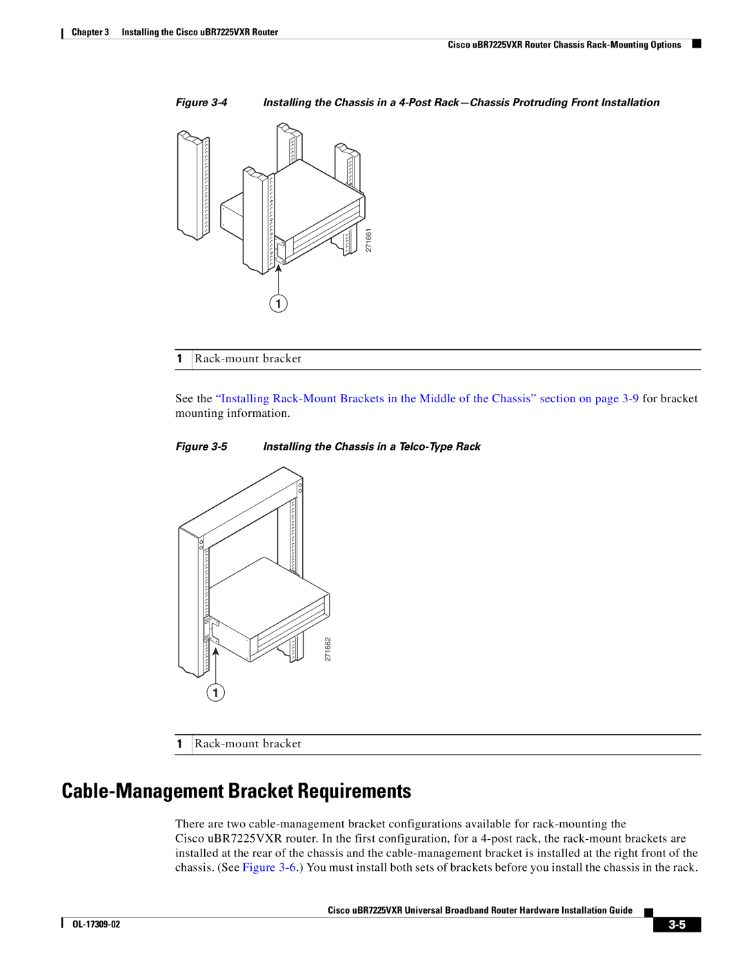 Cisco Systems UBR7225VXR specifications Cable-Management Bracket Requirements, Installing the Chassis in a Telco-Type Rack 