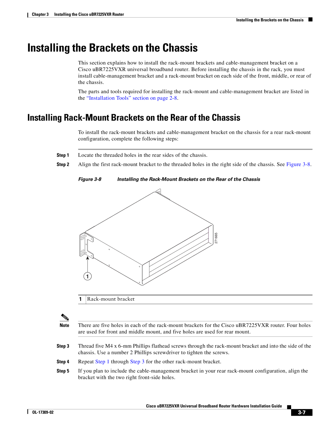 Cisco Systems UBR7225VXR Installing the Brackets on the Chassis, Installing Rack-Mount Brackets on the Rear of the Chassis 