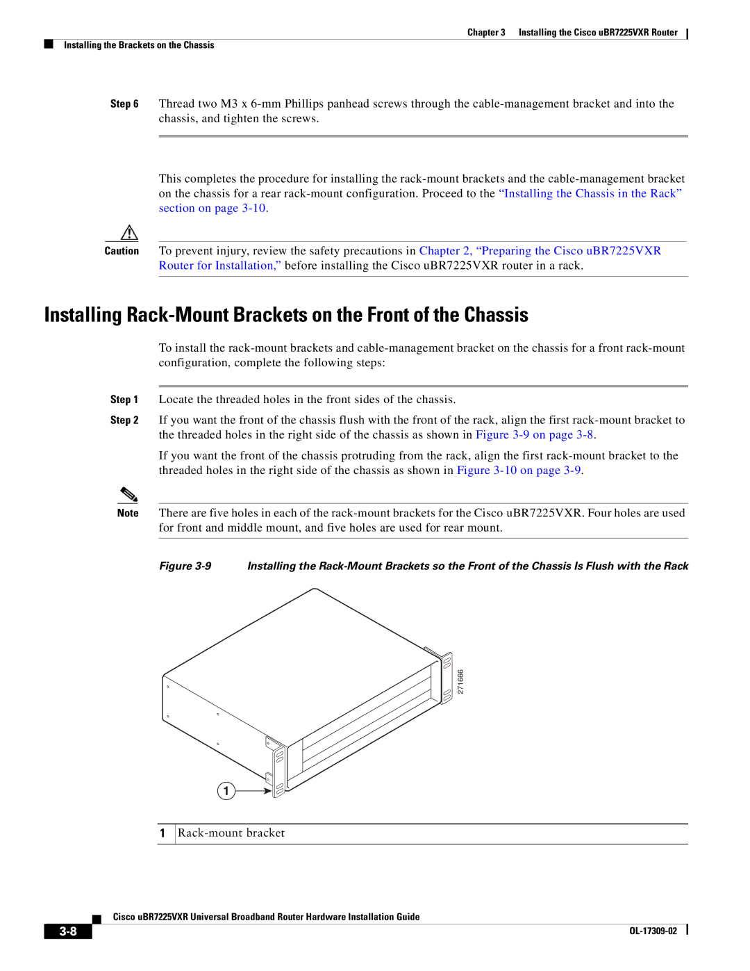 Cisco Systems UBR7225VXR specifications Installing Rack-Mount Brackets on the Front of the Chassis 