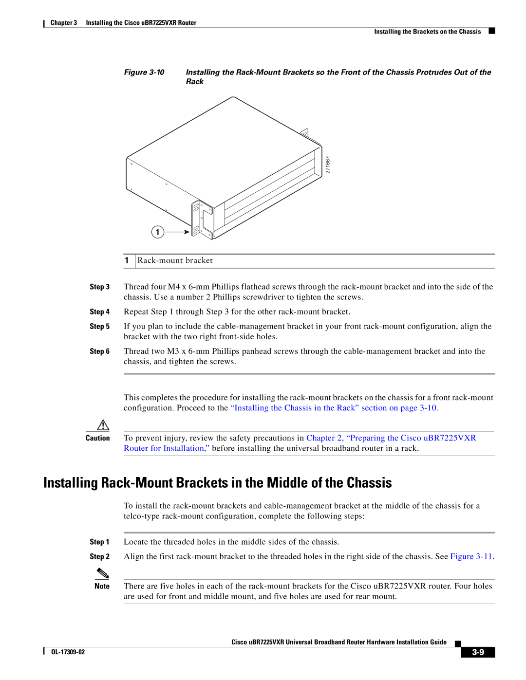 Cisco Systems UBR7225VXR specifications Installing Rack-Mount Brackets in the Middle of the Chassis 