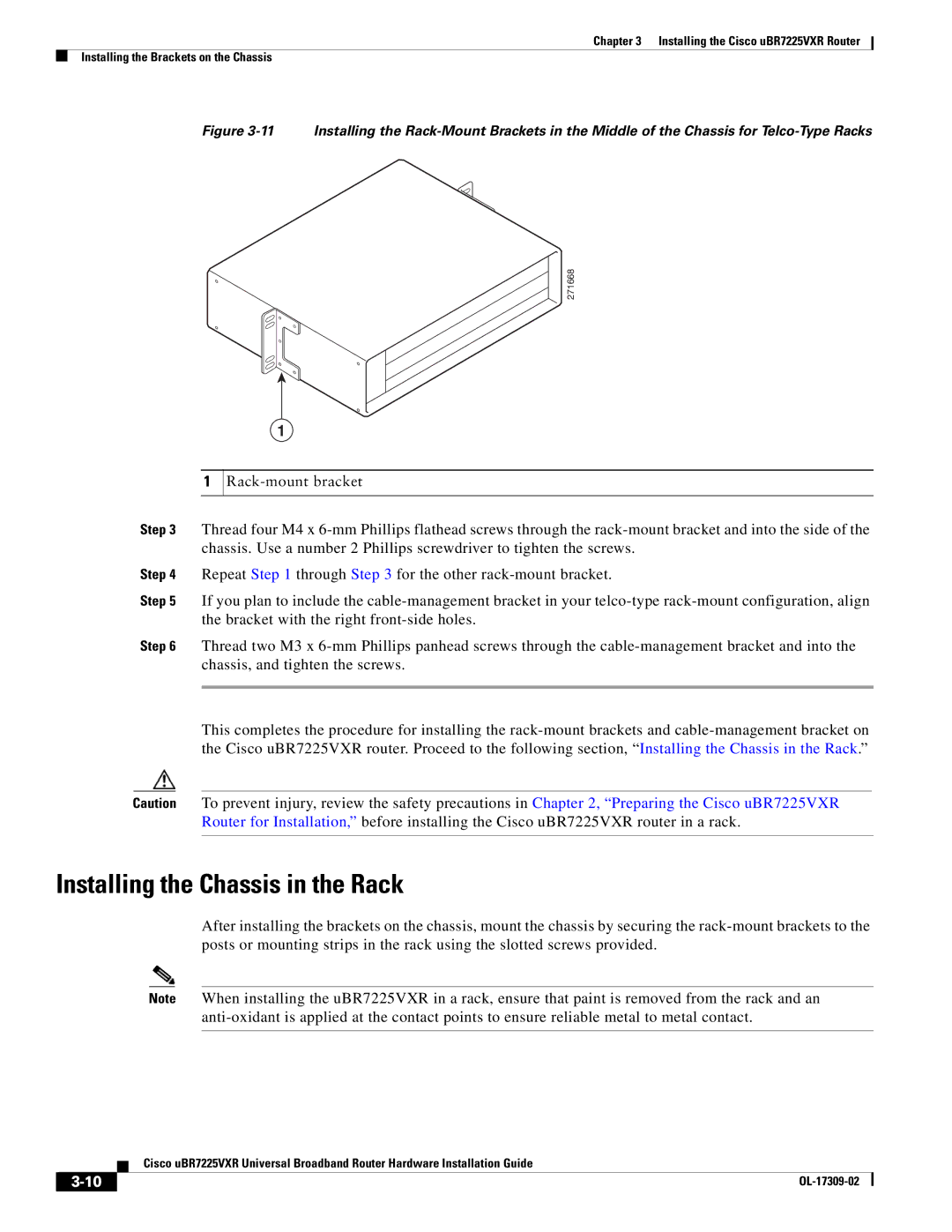 Cisco Systems UBR7225VXR specifications Installing the Chassis in the Rack 