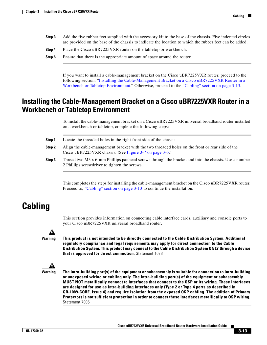 Cisco Systems UBR7225VXR specifications Cabling 