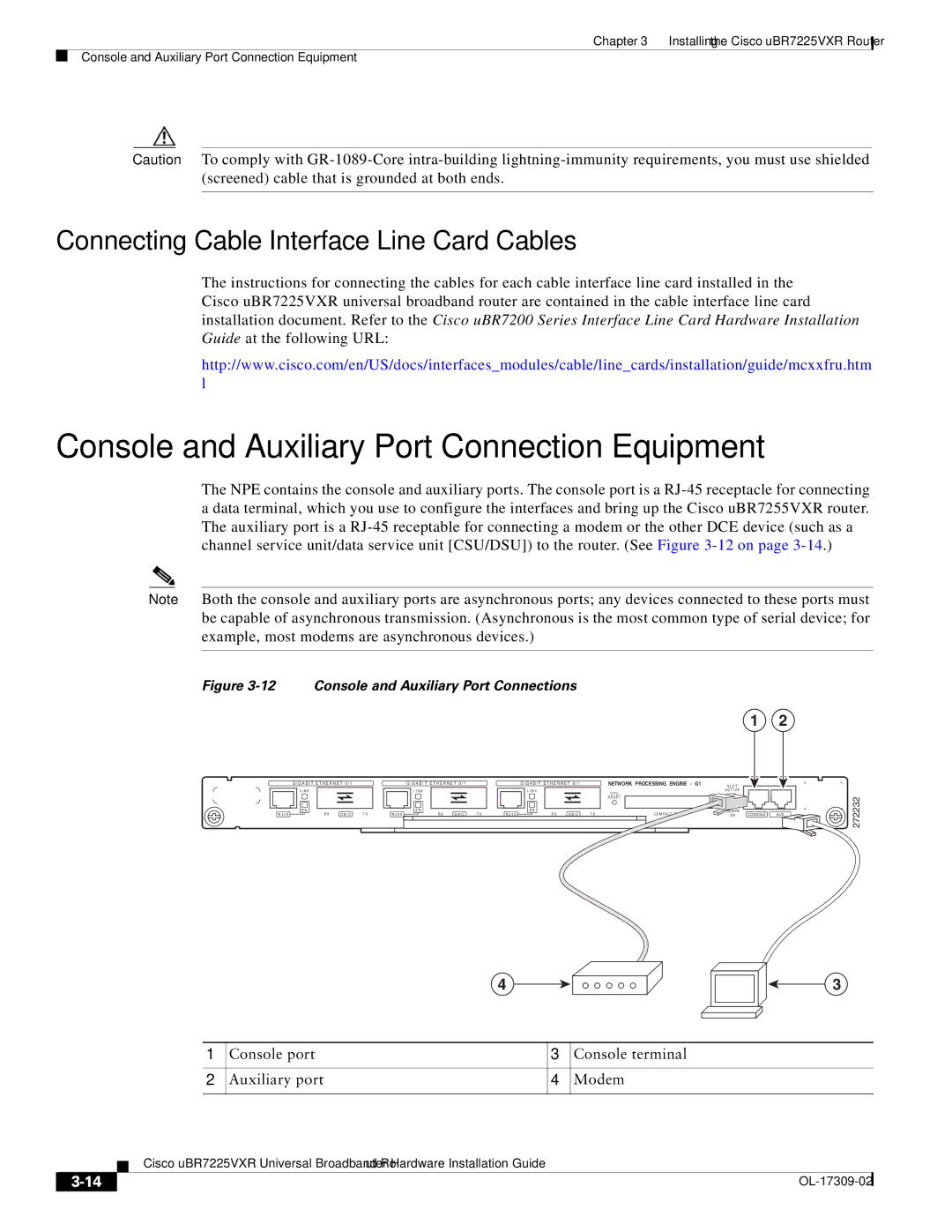 Cisco Systems UBR7225VXR Console and Auxiliary Port Connection Equipment, Connecting Cable Interface Line Card Cables 