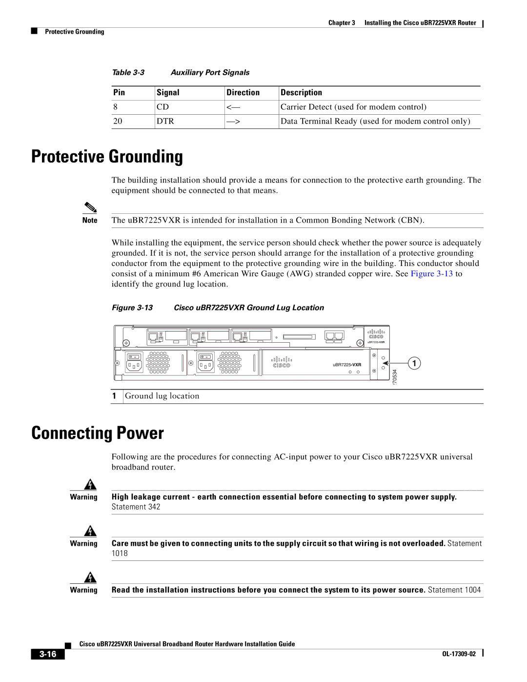 Cisco Systems UBR7225VXR specifications Protective Grounding, Connecting Power 