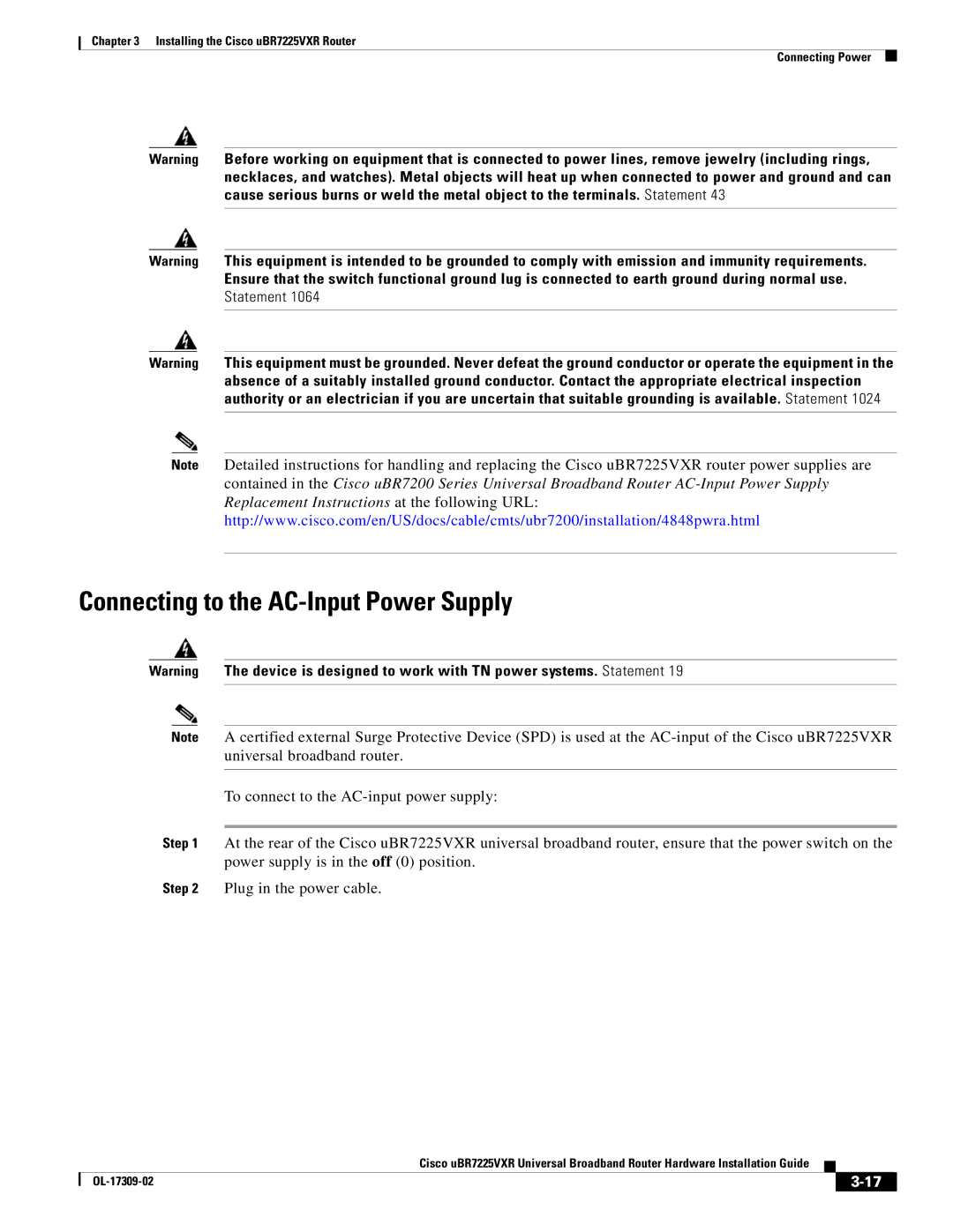 Cisco Systems UBR7225VXR specifications Connecting to the AC-Input Power Supply 