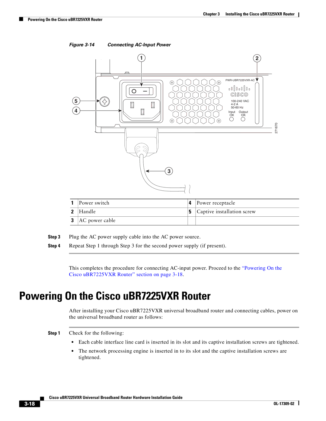 Cisco Systems UBR7225VXR specifications Powering On the Cisco uBR7225VXR Router, Connecting AC-Input Power 