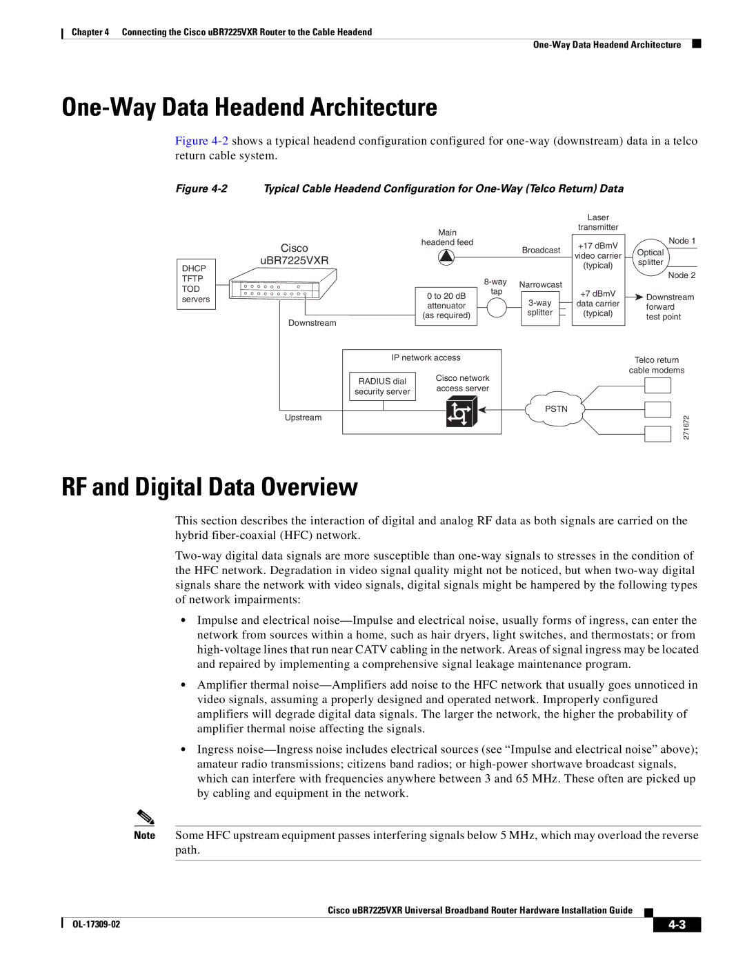 Cisco Systems UBR7225VXR specifications One-Way Data Headend Architecture, RF and Digital Data Overview 