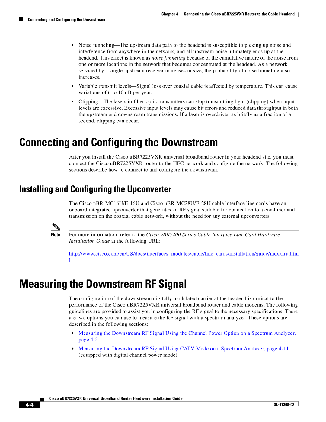 Cisco Systems UBR7225VXR specifications Connecting and Configuring the Downstream, Measuring the Downstream RF Signal 