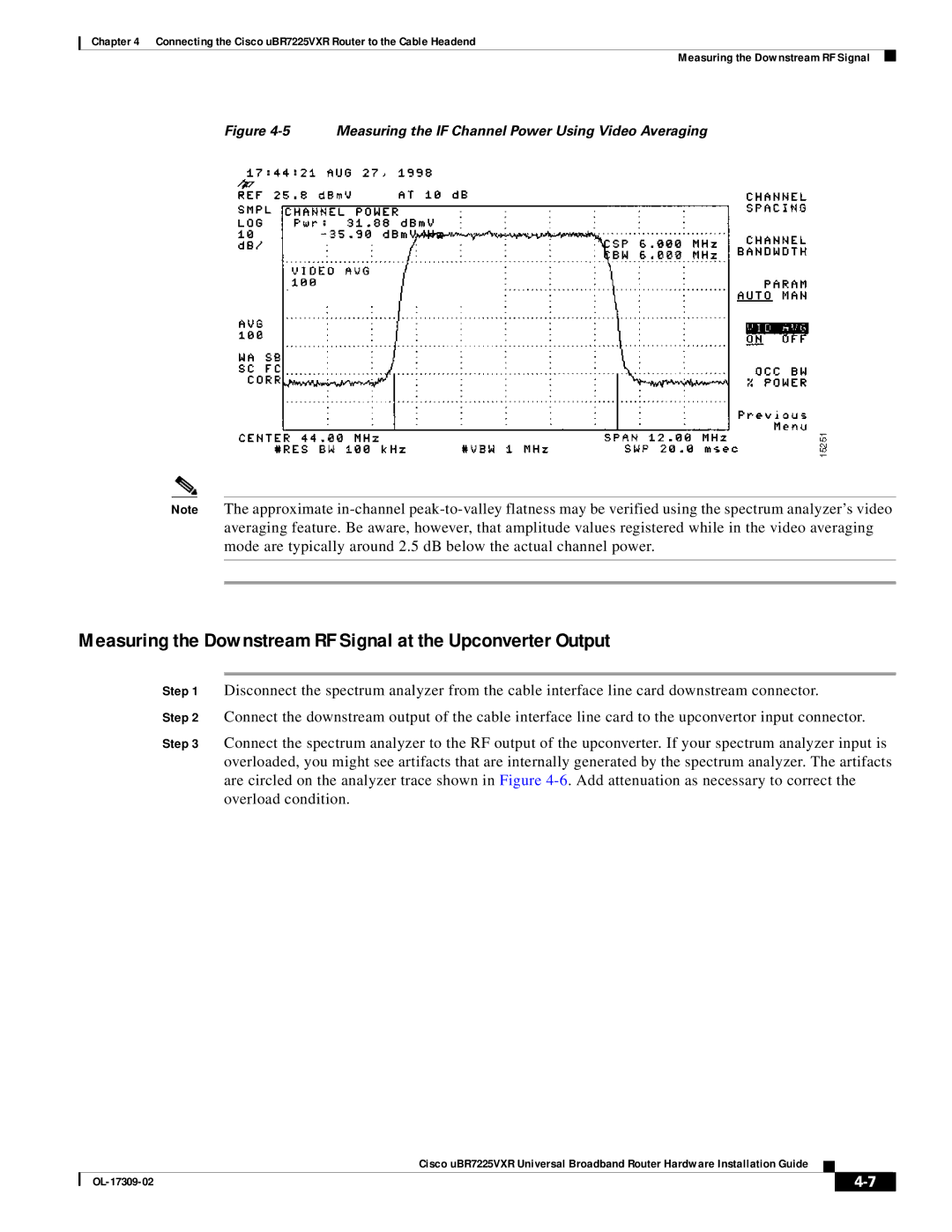 Cisco Systems UBR7225VXR specifications Measuring the Downstream RF Signal at the Upconverter Output 