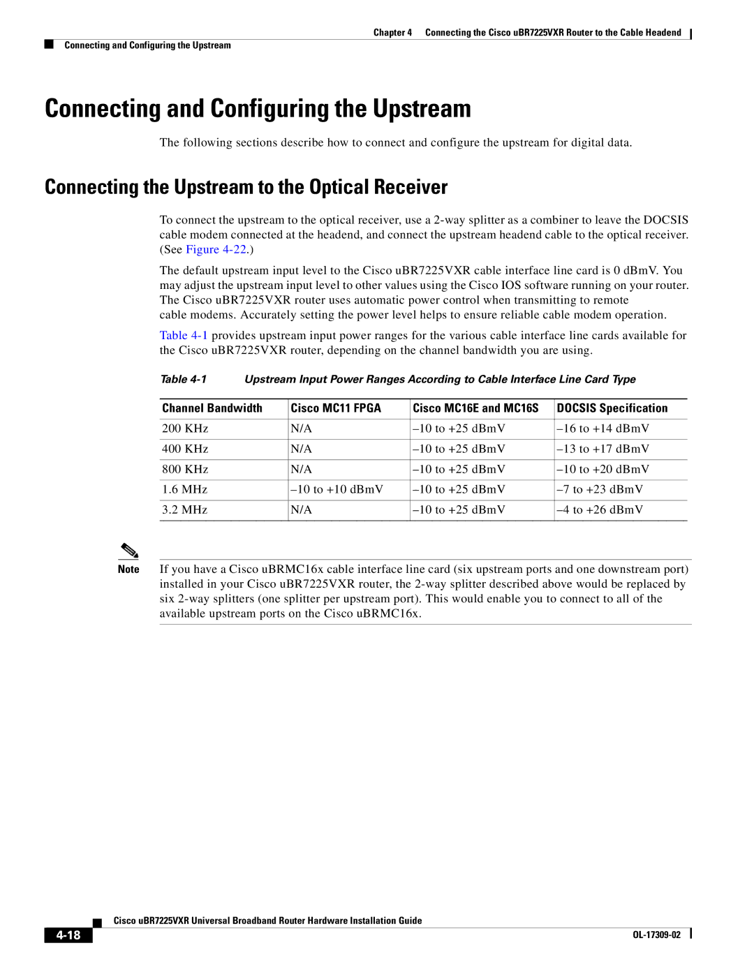 Cisco Systems UBR7225VXR Connecting and Configuring the Upstream, Connecting the Upstream to the Optical Receiver 