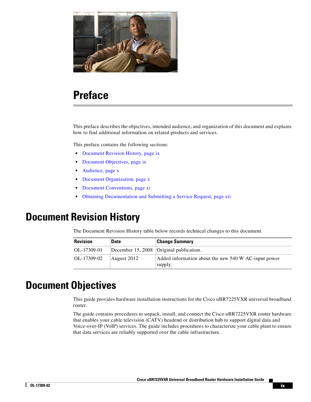 Cisco Systems UBR7225VXR Preface, Document Revision History, Document Objectives, Revision Date Change Summary 