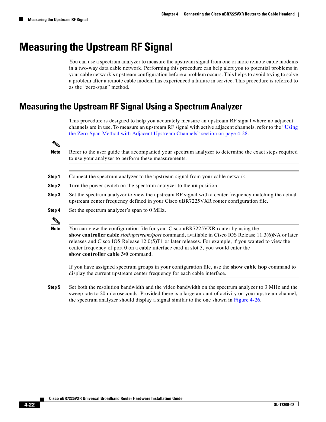 Cisco Systems UBR7225VXR specifications Measuring the Upstream RF Signal Using a Spectrum Analyzer 