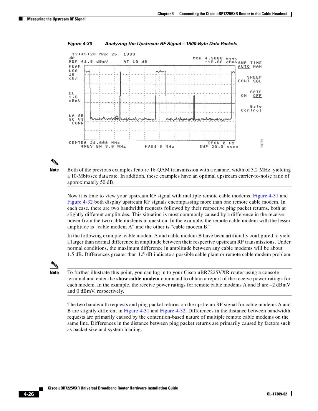 Cisco Systems UBR7225VXR specifications Analyzing the Upstream RF Signal-1500-Byte Data Packets 