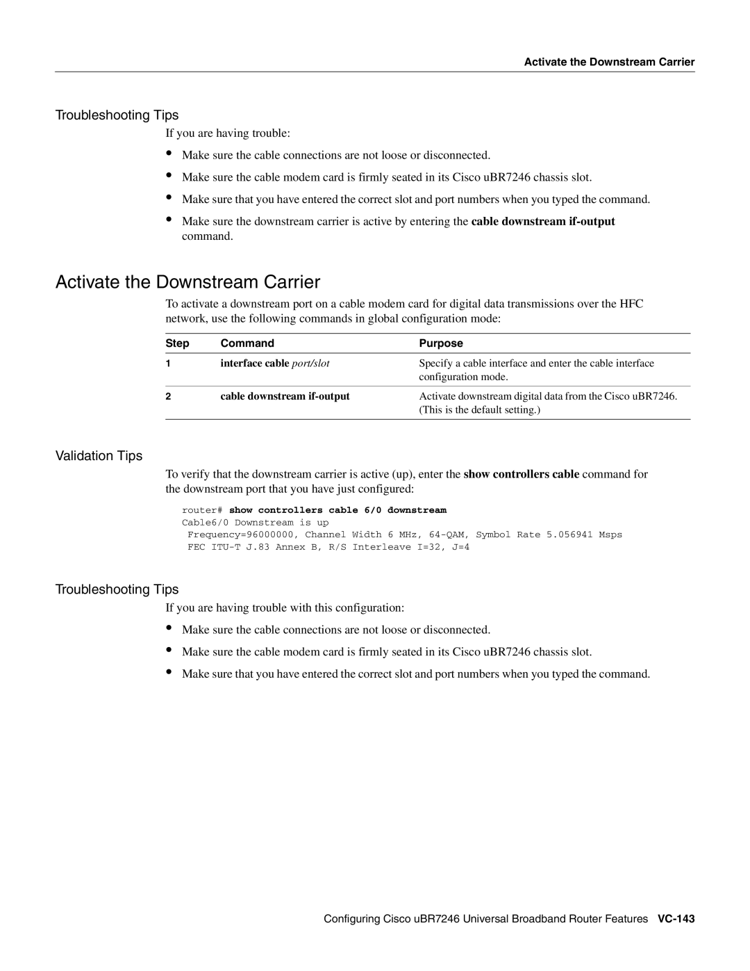 Cisco Systems uBR7246 manual Activate the Downstream Carrier, Step Command Purpose 