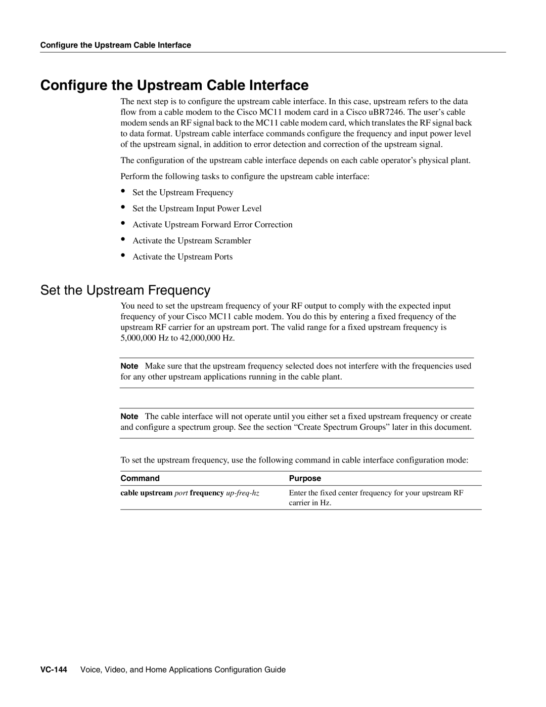 Cisco Systems uBR7246 manual Configure the Upstream Cable Interface, Set the Upstream Frequency 