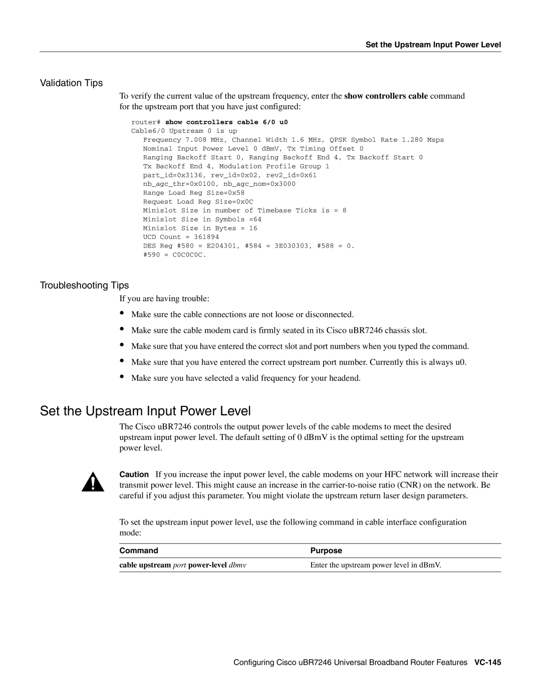 Cisco Systems uBR7246 manual Set the Upstream Input Power Level 