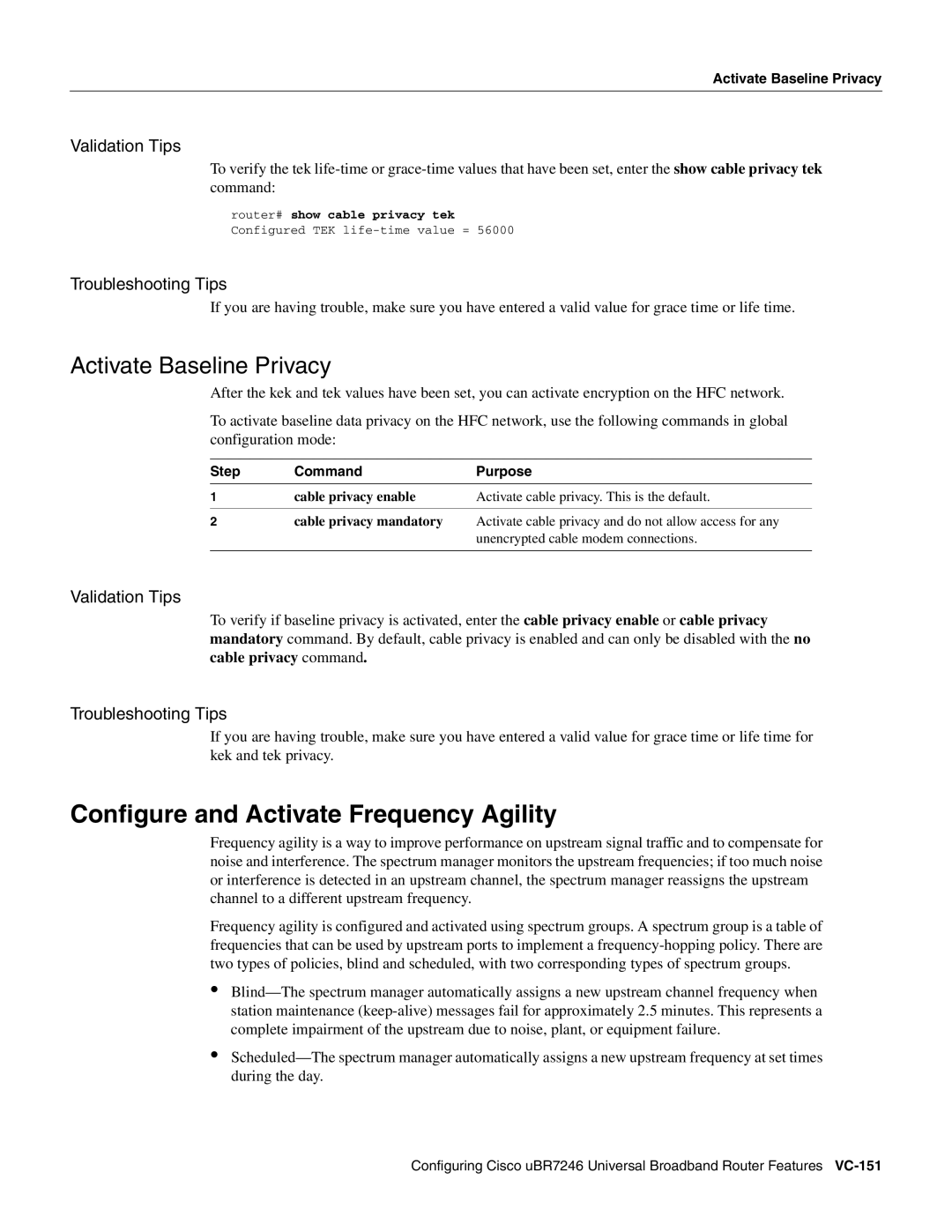 Cisco Systems uBR7246 manual Configure and Activate Frequency Agility, Activate Baseline Privacy 