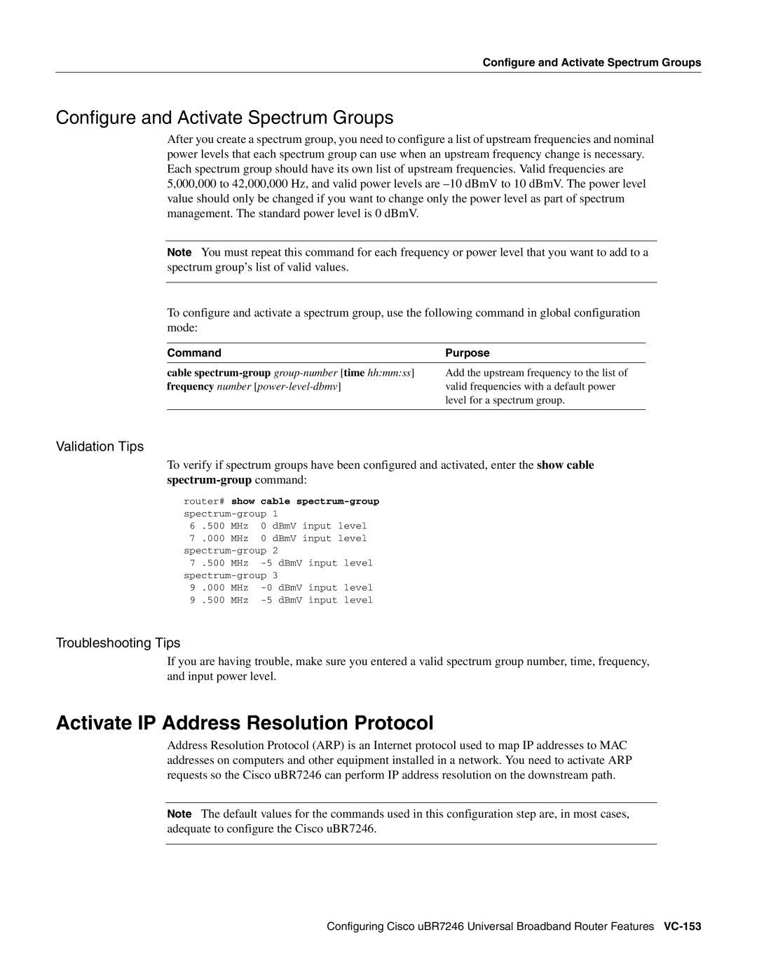 Cisco Systems uBR7246 manual Activate IP Address Resolution Protocol, Configure and Activate Spectrum Groups 