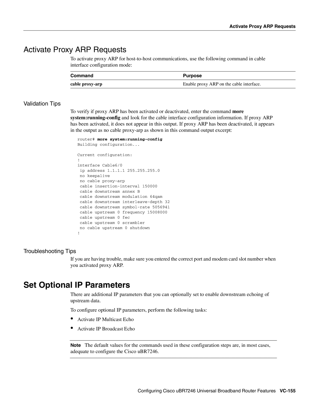 Cisco Systems uBR7246 manual Set Optional IP Parameters, Activate Proxy ARP Requests 