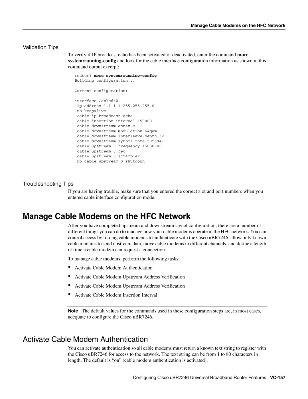 Cisco Systems uBR7246 manual Manage Cable Modems on the HFC Network, Activate Cable Modem Authentication 