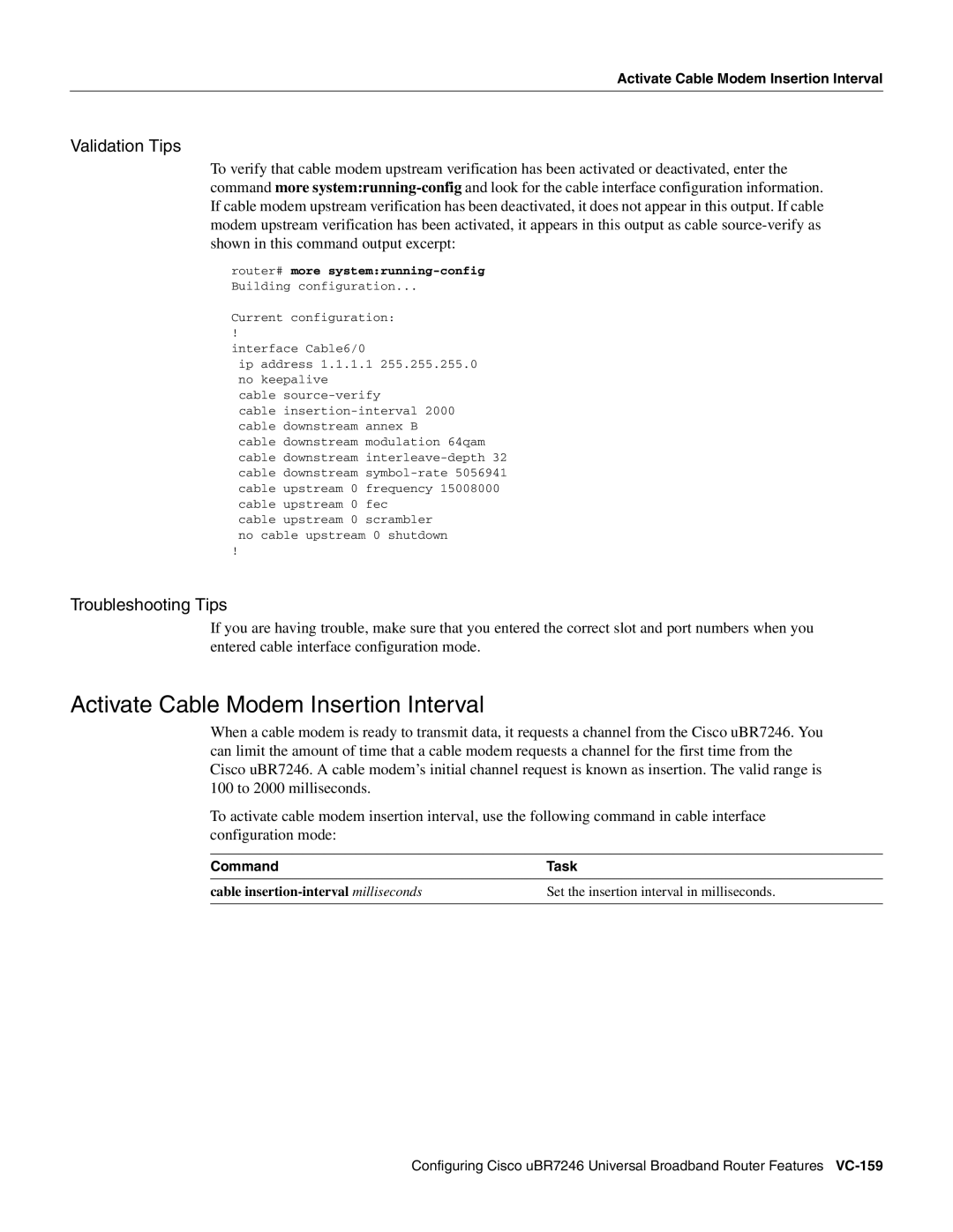 Cisco Systems uBR7246 manual Activate Cable Modem Insertion Interval, Command Task 