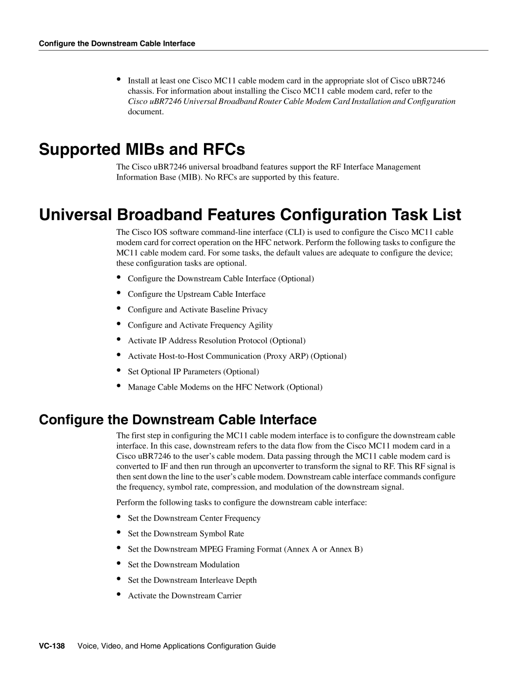 Cisco Systems uBR7246 manual Supported MIBs and RFCs, Configure the Downstream Cable Interface 