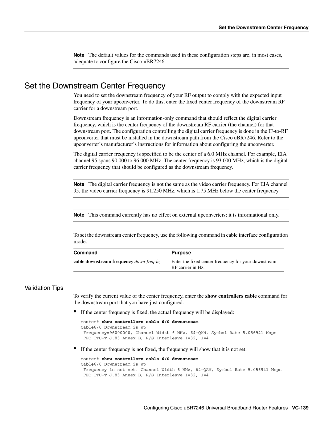 Cisco Systems uBR7246 manual Set the Downstream Center Frequency, Command Purpose 