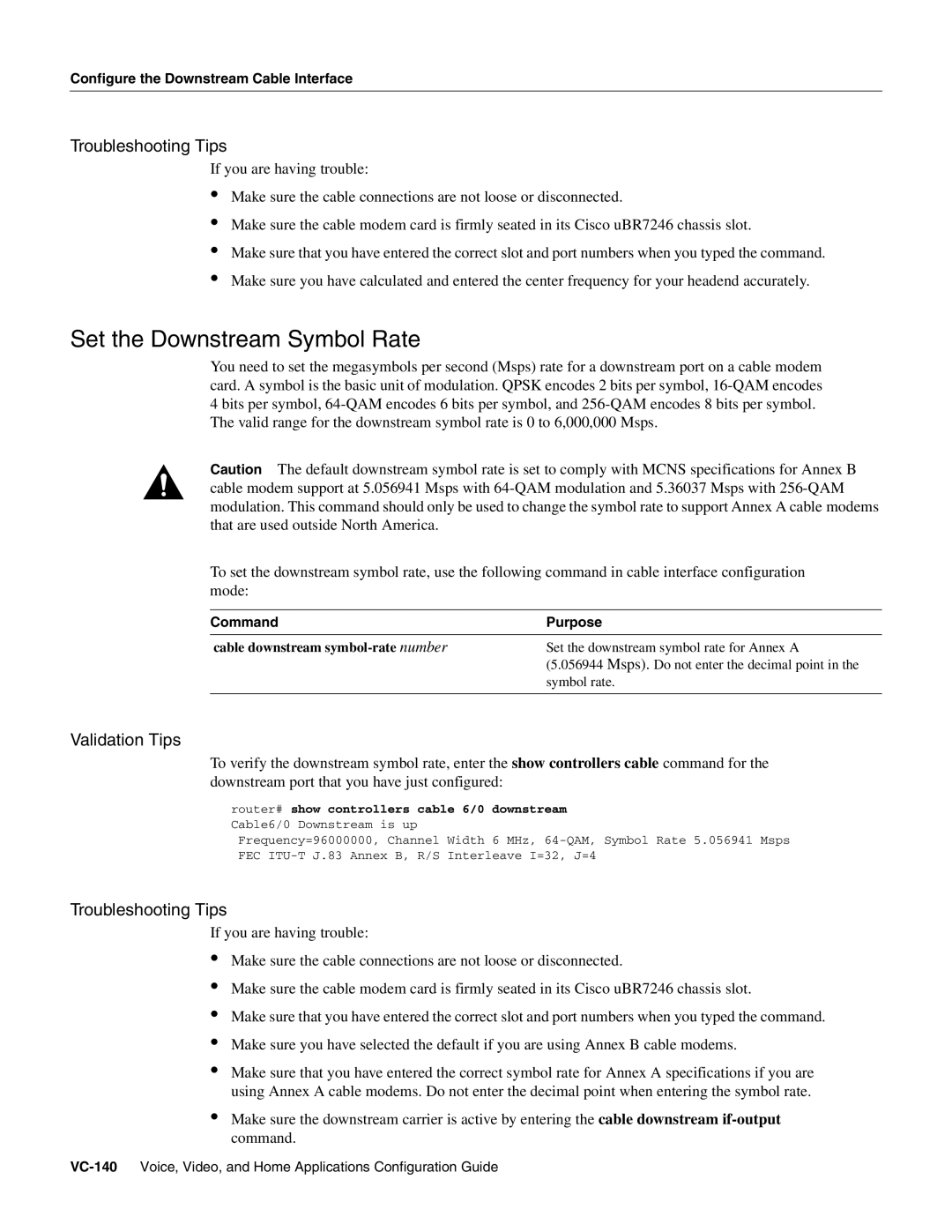 Cisco Systems uBR7246 manual Set the Downstream Symbol Rate, Troubleshooting Tips 