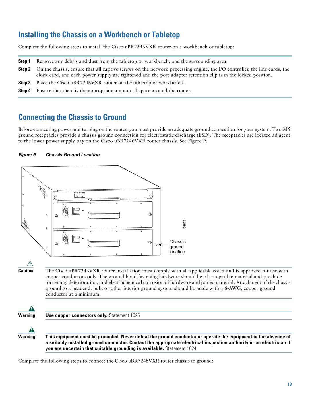 Cisco Systems uBR7246VXR quick start Installing the Chassis on a Workbench or Tabletop, Connecting the Chassis to Ground 