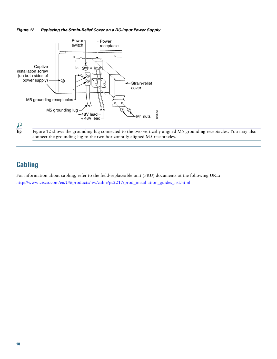 Cisco Systems uBR7246VXR quick start Cabling, Replacing the Strain-Relief Cover on a DC-Input Power Supply 