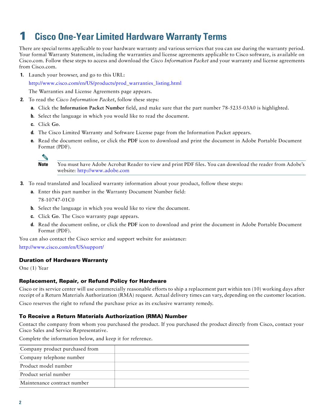Cisco Systems uBR7246VXR quick start Cisco One-Year Limited Hardware Warranty Terms, Duration of Hardware Warranty 