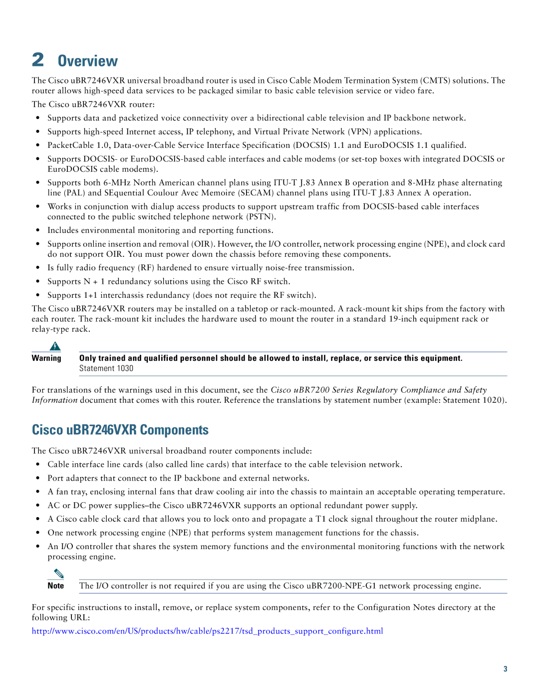 Cisco Systems quick start Overview, Cisco uBR7246VXR Components, Statement 