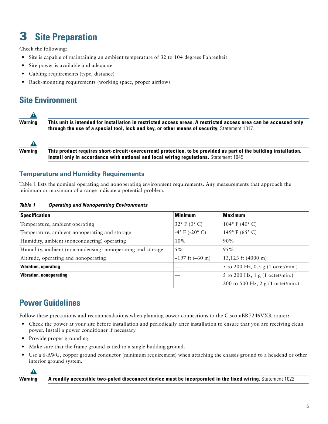 Cisco Systems uBR7246VXR Site Preparation, Site Environment, Power Guidelines, Temperature and Humidity Requirements 