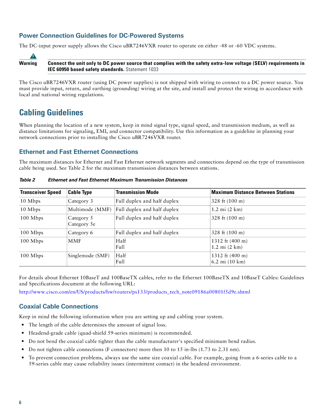 Cisco Systems uBR7246VXR Cabling Guidelines, Power Connection Guidelines for DC-Powered Systems, Coaxial Cable Connections 