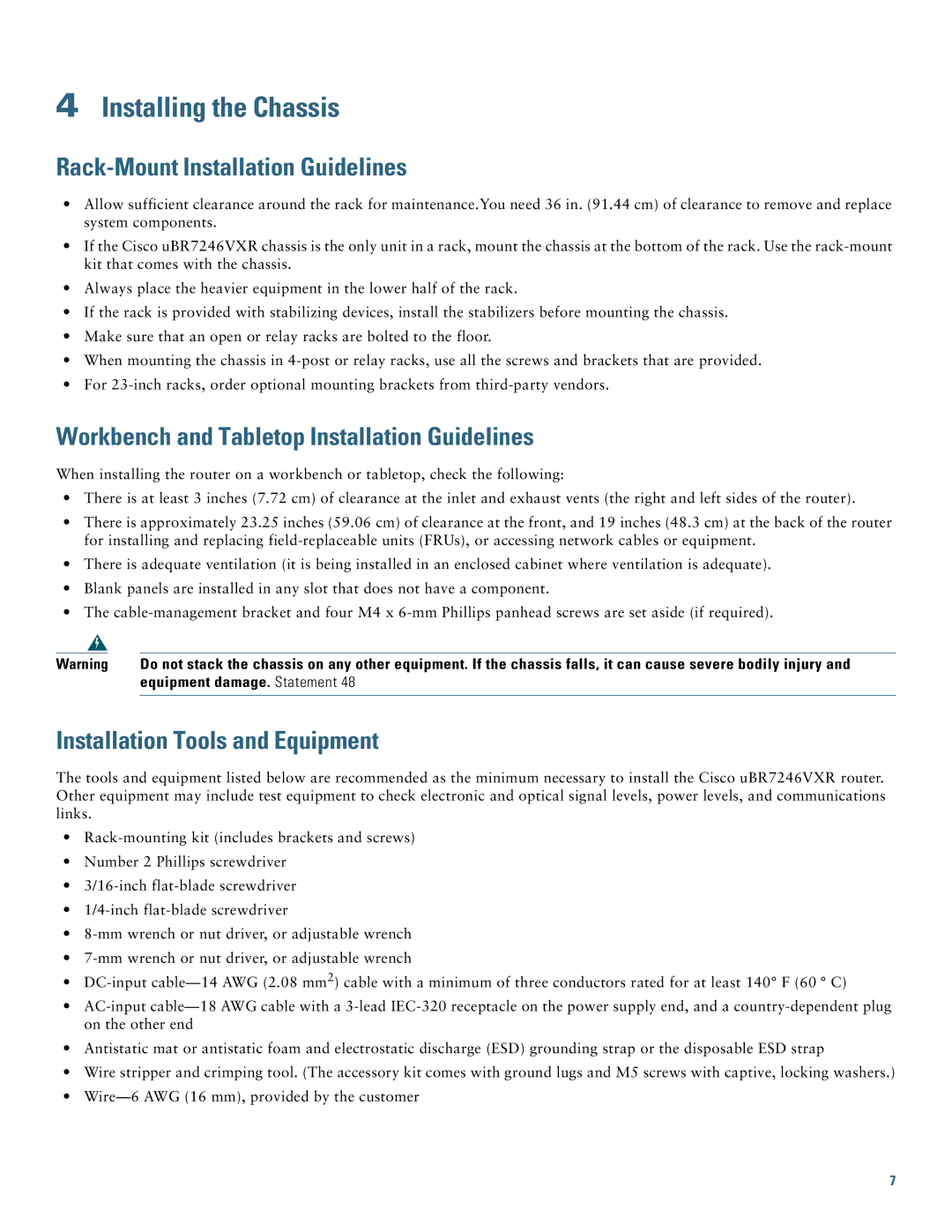 Cisco Systems uBR7246VXR Installing the Chassis, Rack-Mount Installation Guidelines, Installation Tools and Equipment 