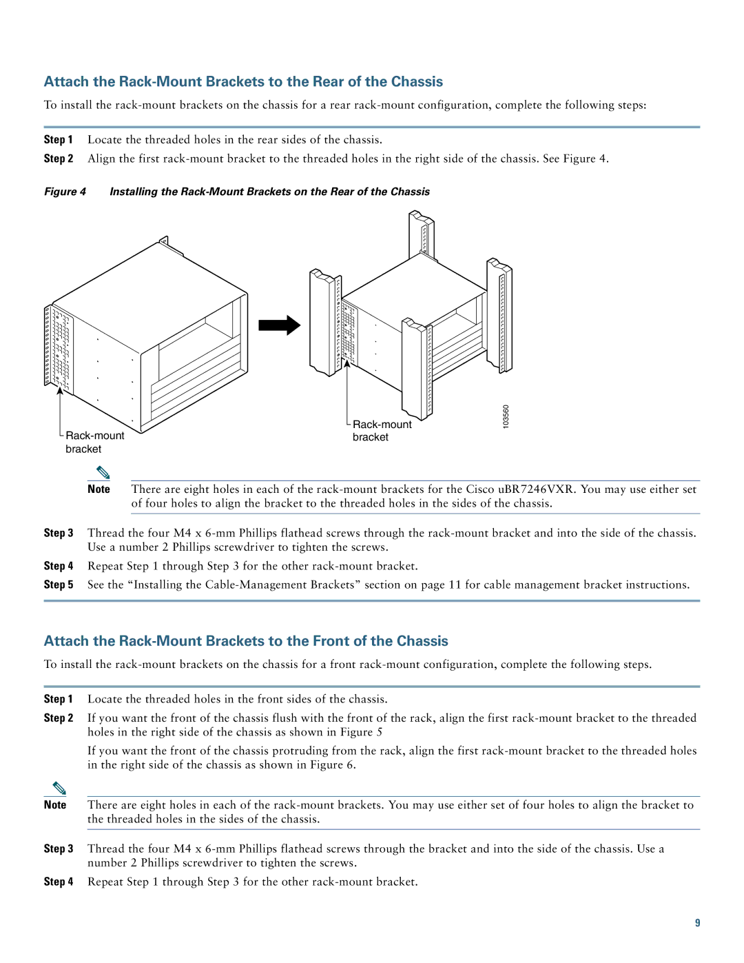Cisco Systems uBR7246VXR quick start Attach the Rack-Mount Brackets to the Rear of the Chassis 