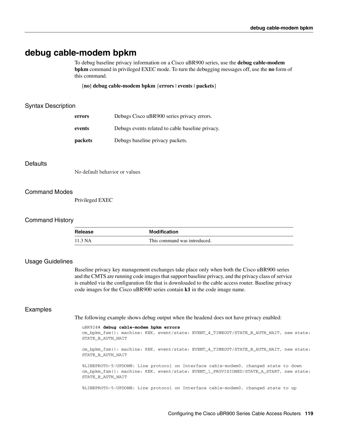 Cisco Systems UBR900 specifications Debug cable-modem bpkm, UBR924# debug cable-modem bpkm errors 