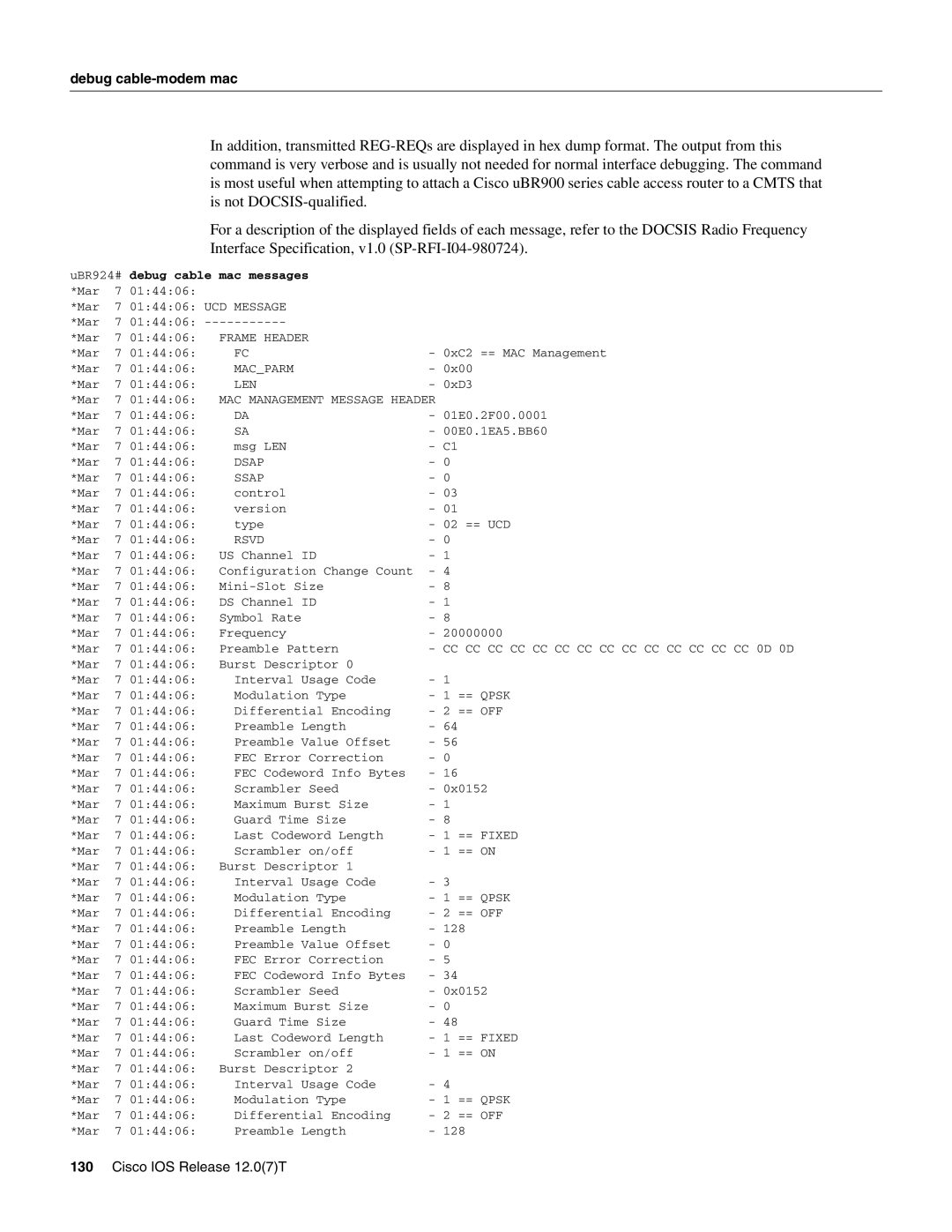 Cisco Systems UBR900 specifications Debug cable mac messages, Len 