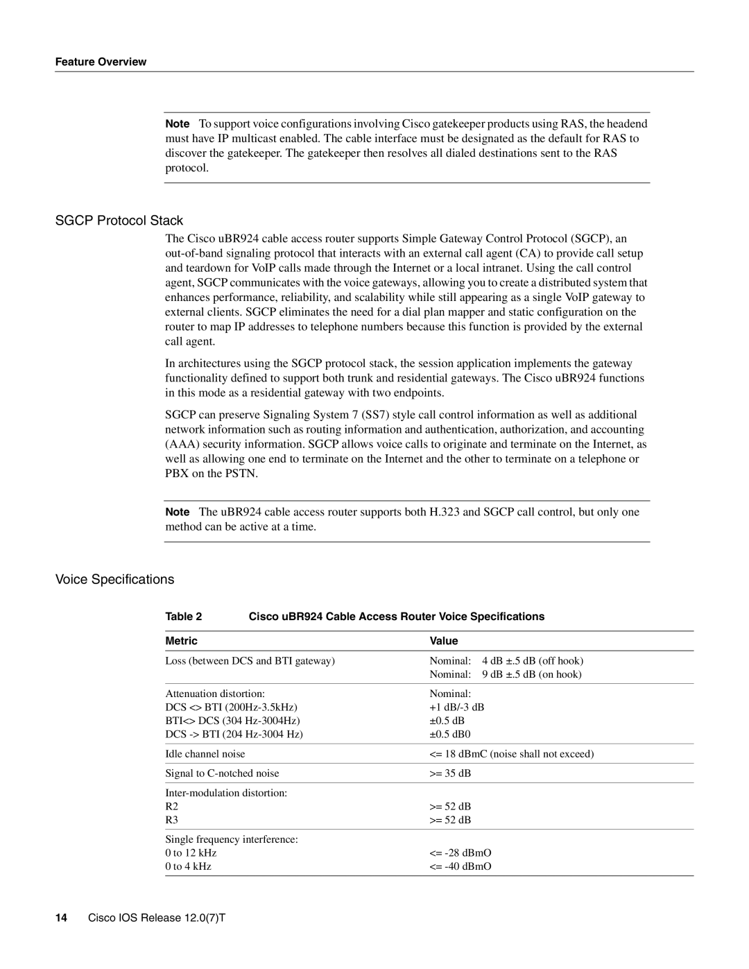 Cisco Systems UBR900 Sgcp Protocol Stack, Cisco uBR924 Cable Access Router Voice Specifications, Metric Value 