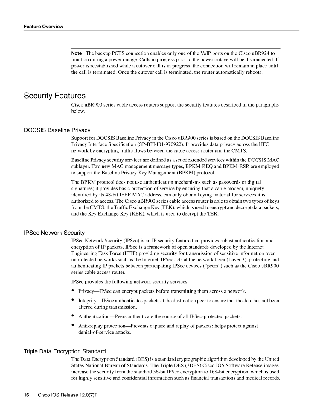 Cisco Systems UBR900 Security Features, Docsis Baseline Privacy, IPSec Network Security, Triple Data Encryption Standard 