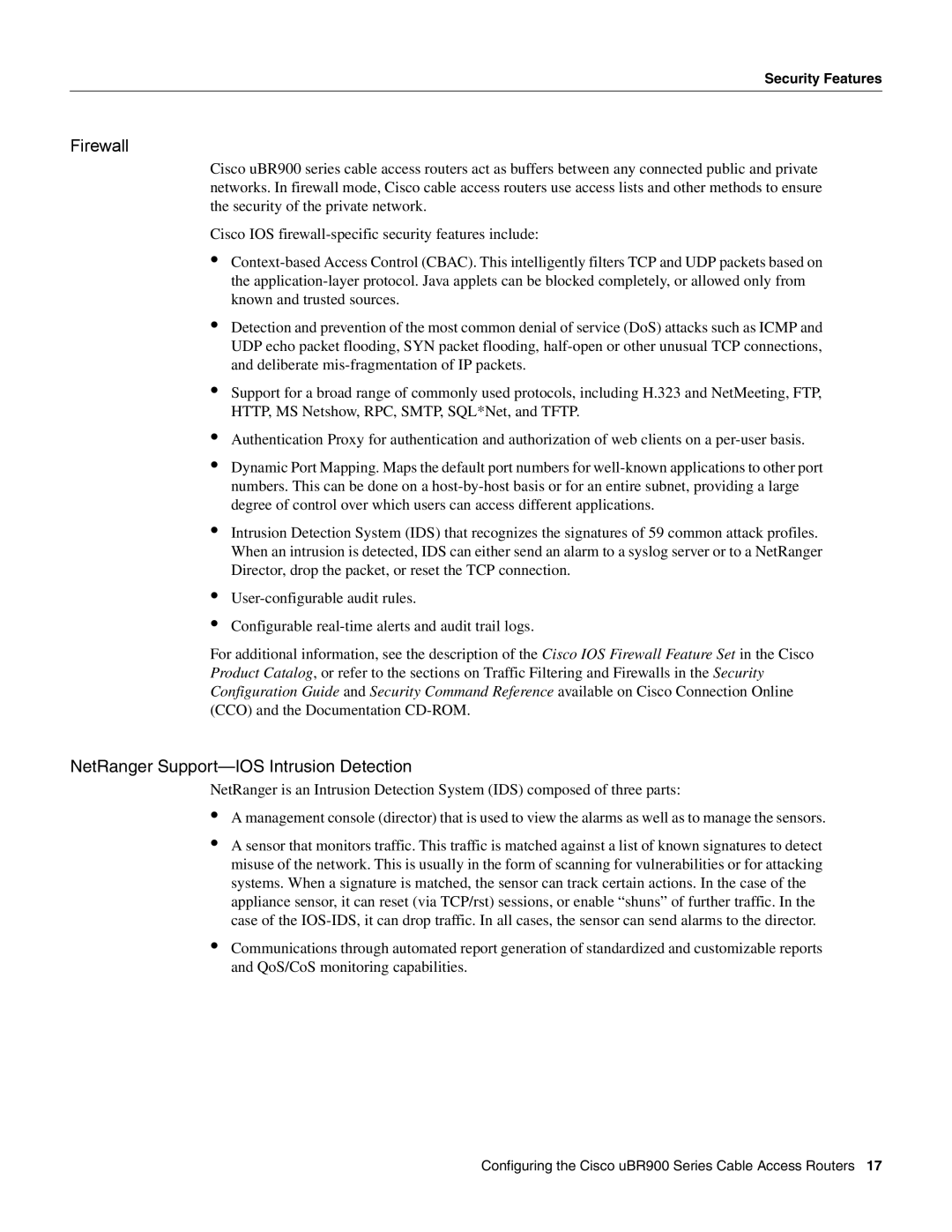 Cisco Systems UBR900 specifications Firewall, NetRanger Support-IOS Intrusion Detection, Security Features 