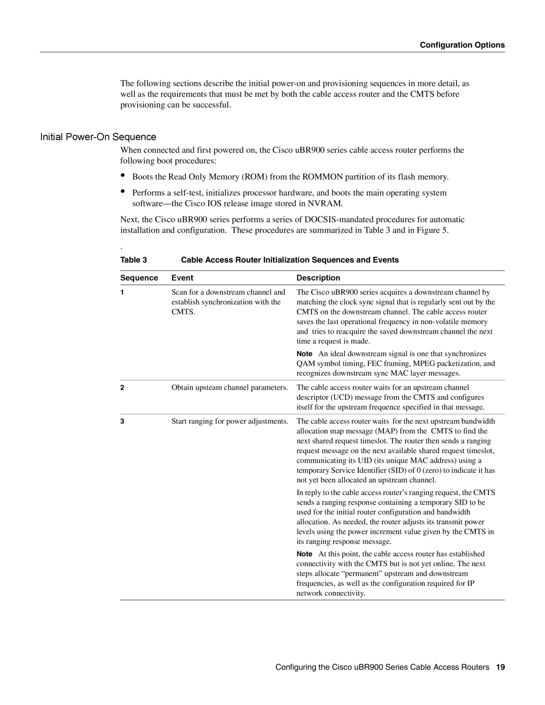 Cisco Systems UBR900 specifications Initial Power-On Sequence, Configuration Options, Sequence Event Description 