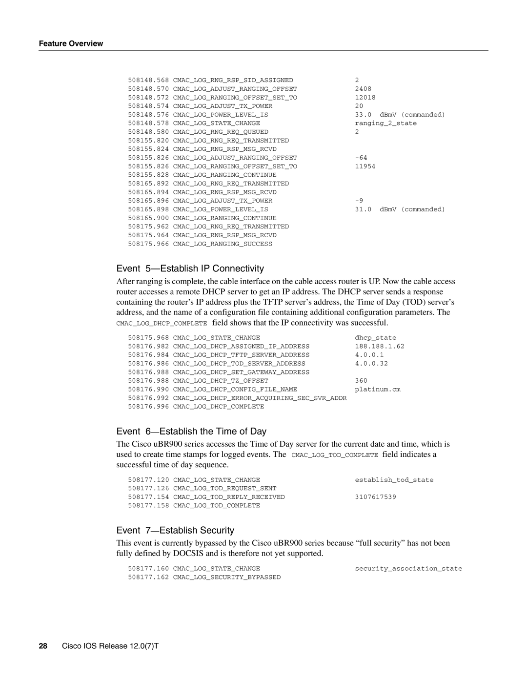 Cisco Systems UBR900 Event 5-Establish IP Connectivity, Event 6-Establish the Time of Day, Event 7-Establish Security 