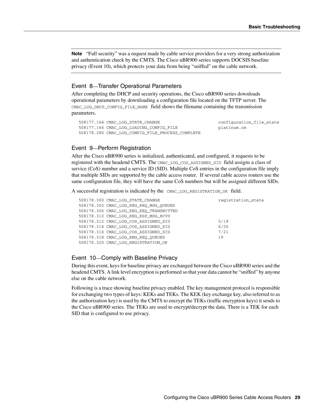 Cisco Systems UBR900 specifications Event 10-Comply with Baseline Privacy 