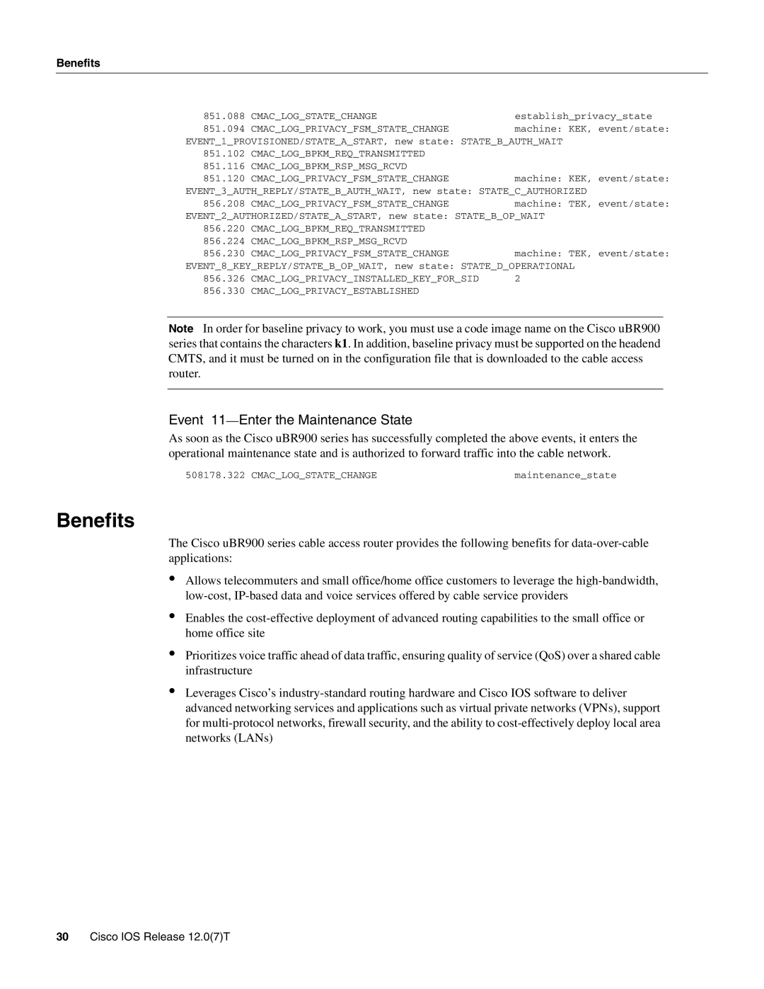 Cisco Systems UBR900 specifications Benefits, Event 11-Enter the Maintenance State 