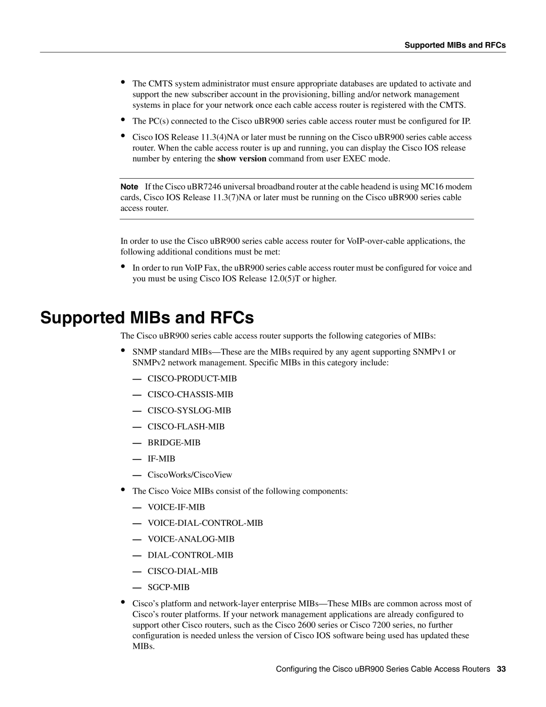 Cisco Systems UBR900 specifications Supported MIBs and RFCs 