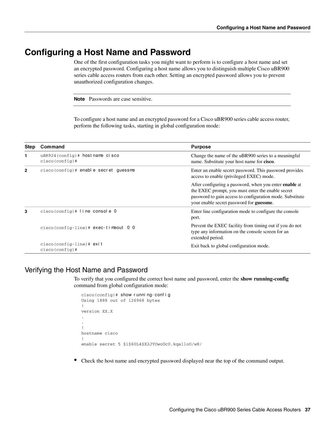 Cisco Systems UBR900 Configuring a Host Name and Password, Step Command Purpose, Ciscoconfig# enable secret guessme 