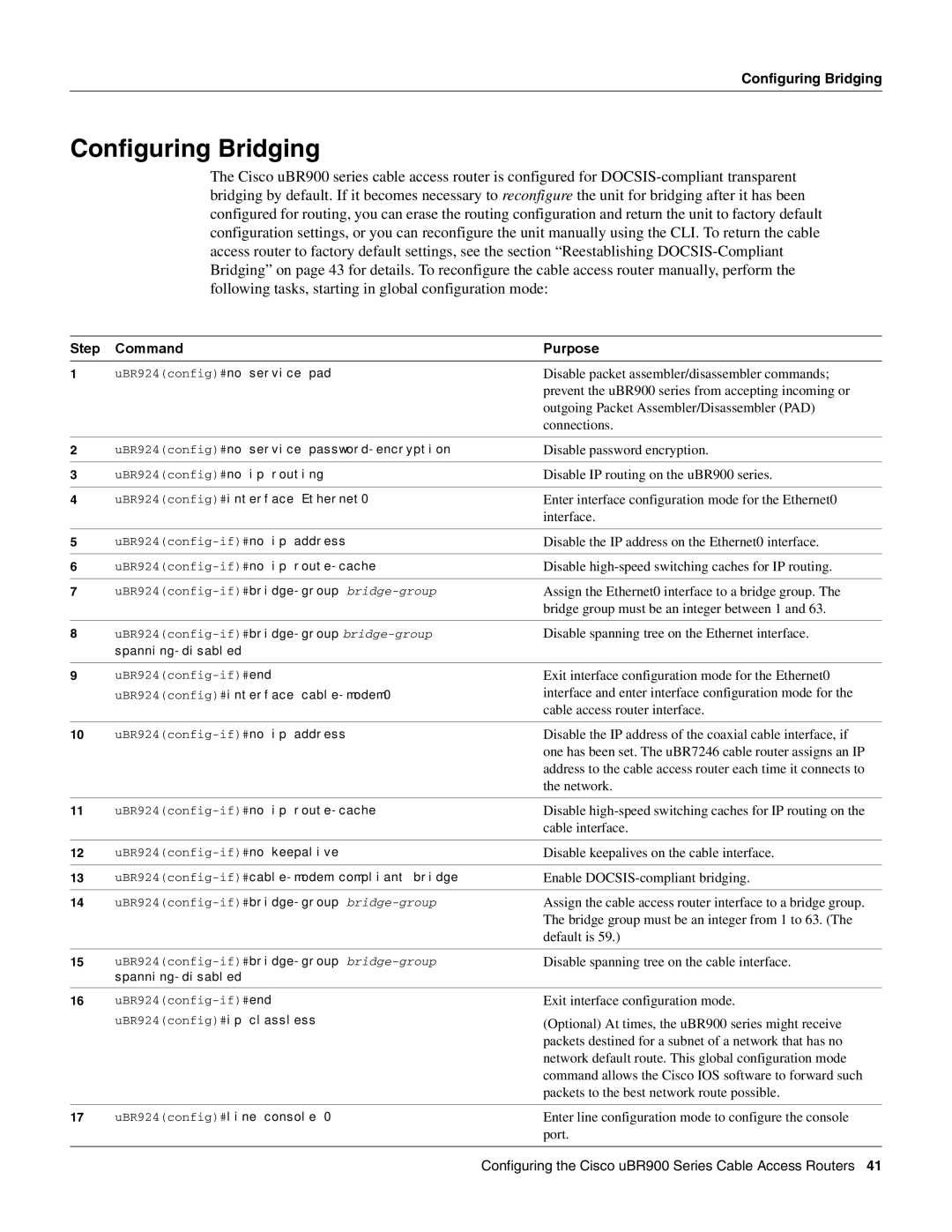 Cisco Systems UBR900 specifications Configuring Bridging, UBR924config#no service password-encryption, Spanning-disabled 